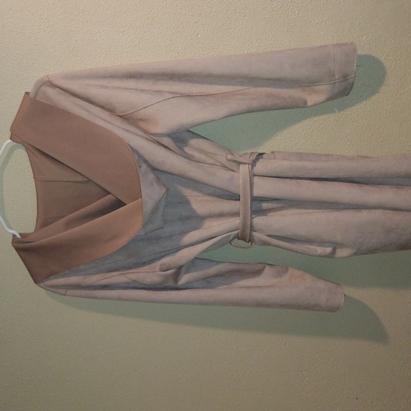 Zara Light Pink Faux Suede Hooded Raw Edge Front Belted Zara Jacket M - Picture 7 of 7